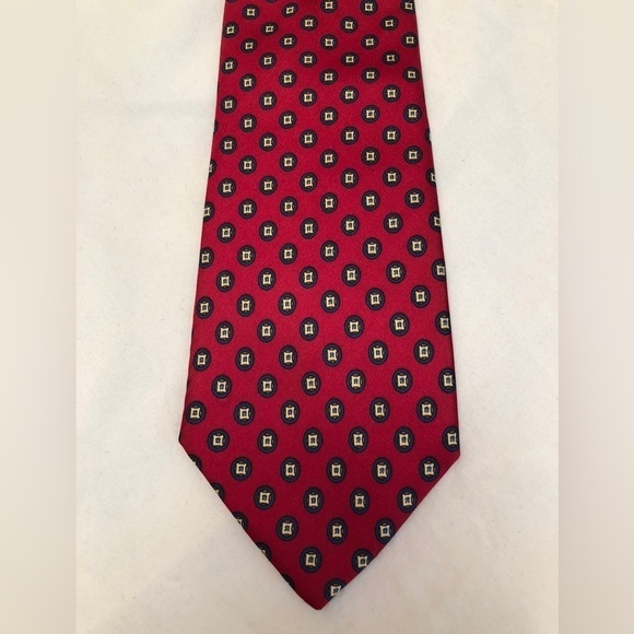 Delvechio Imported Fabric Red Blue Yellow Geometric Print Silk Neck Tie - Picture 2 of 16